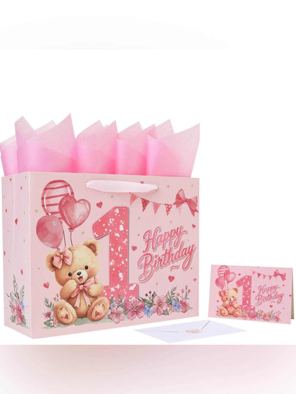 Pink 1st Birthday Gift Bag with Teddy Design